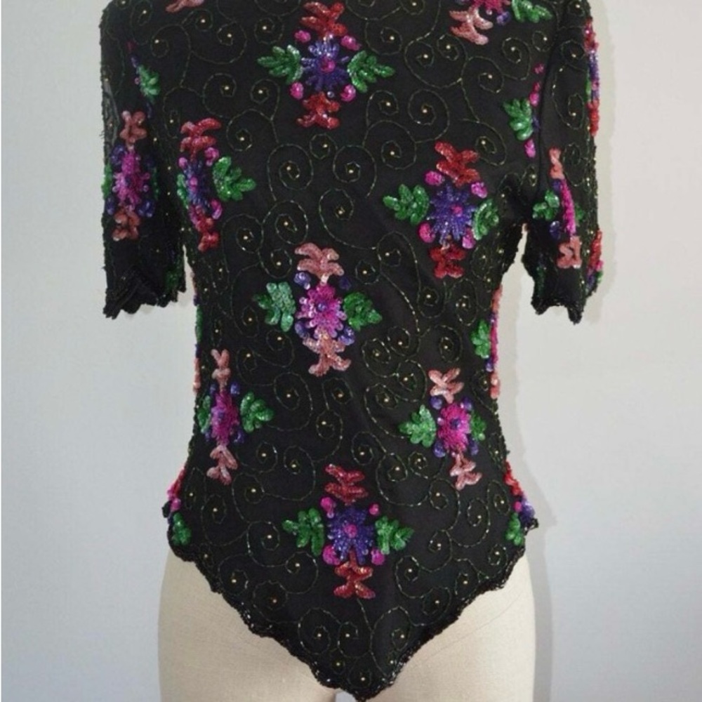 Laurence Kazar Black Top with Multicolor Embroidery